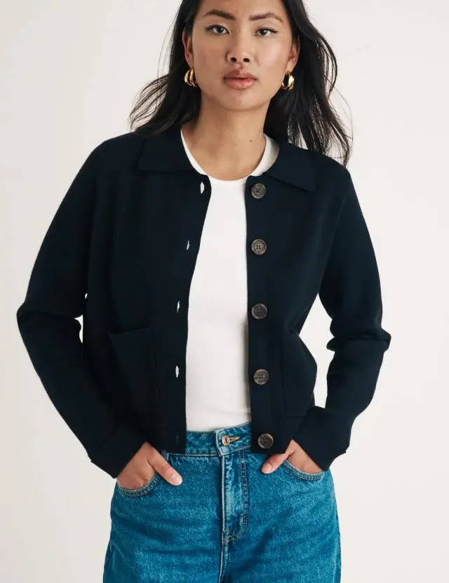 Black Button Through Collared Cardigan