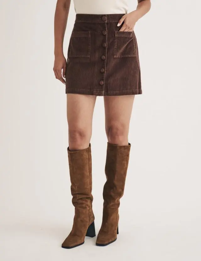 Brown Cord Button Through Mini Skirt