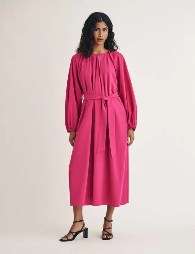 Pink Gathered Tie Waist Mayall Midi Dress