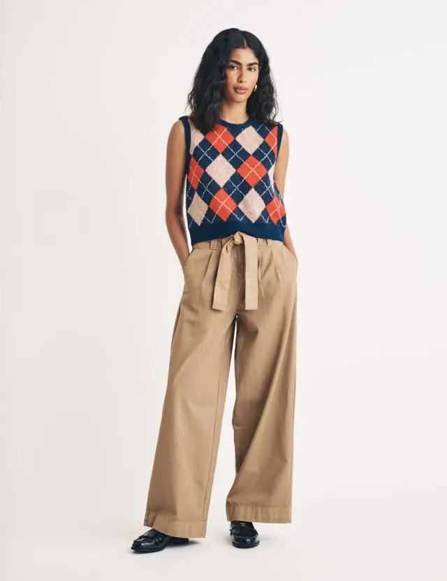 Beige Wide Leg Tie Waist Trousers