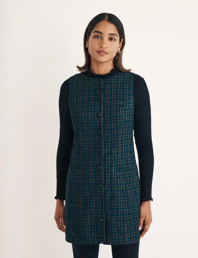 Navy Check Cord Button Down Ned Mini Pinafore Dress