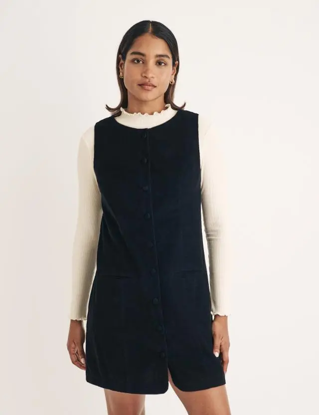 Black Cord Button Down Ned Mini Pinafore Dress