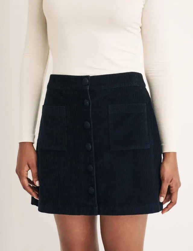 Black Cord Button Through Mini Skirt