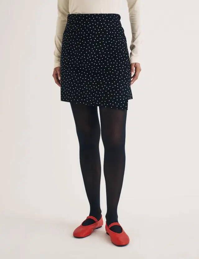 Black Spot Print Cord Wrap Mini Skirt