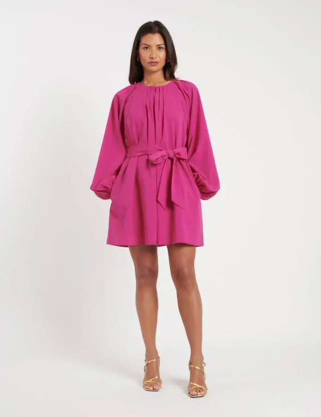 Pink Gathered Tie Waist Mayall Mini Dress