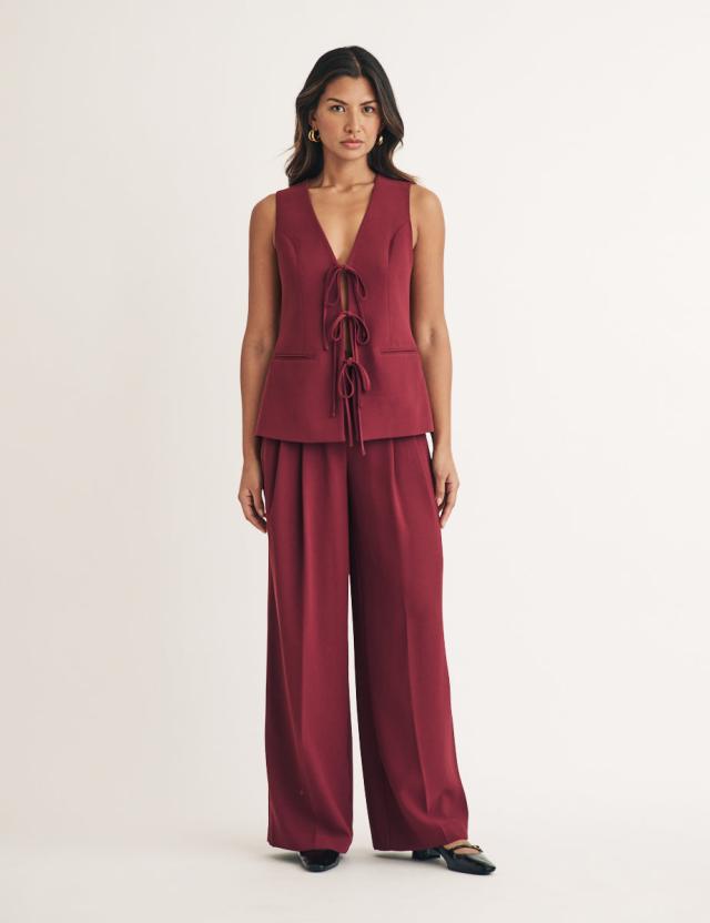 Burgundy Pleated Tailored Trousers