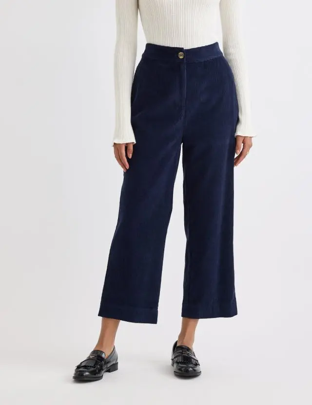 Navy Cord Straight Leg Cropped Trousers