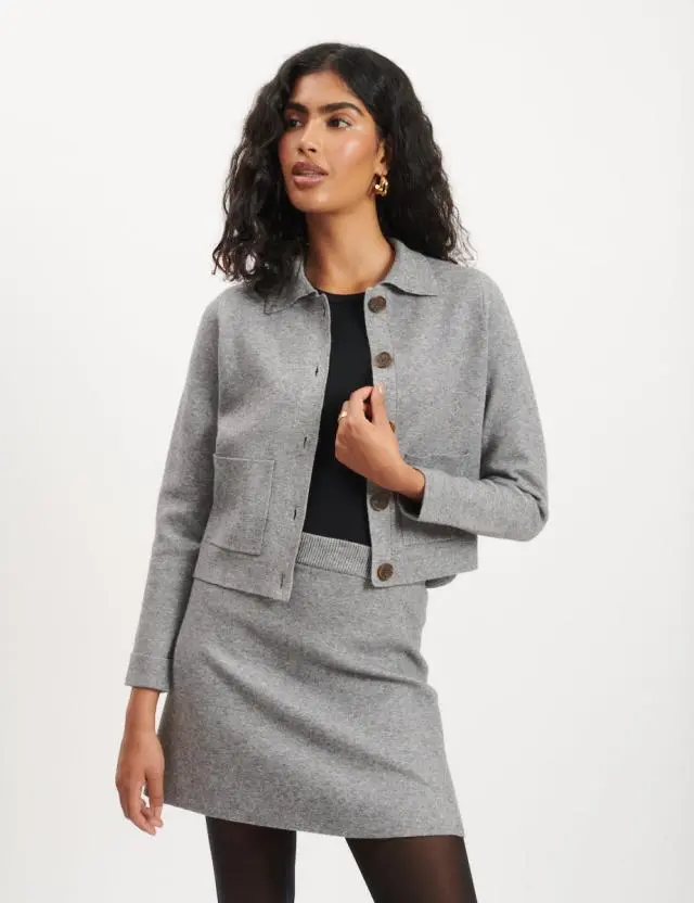 Grey Button Through Collared Cardigan