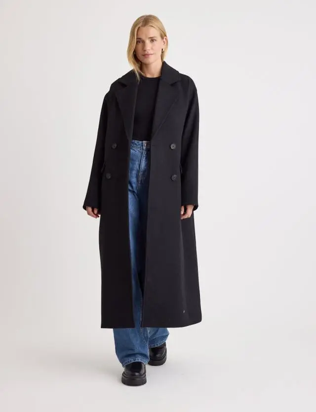 Black Double Breasted Wool Blend Coat