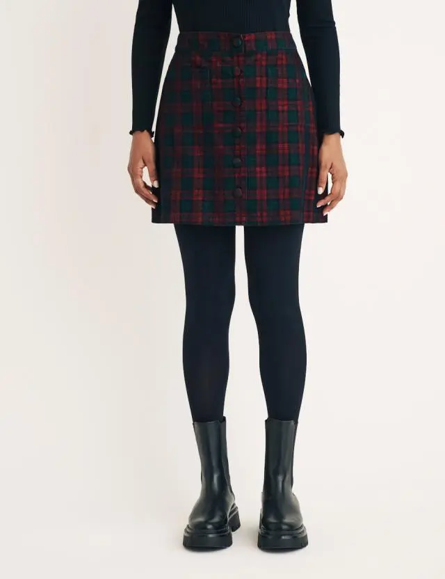 Tartan Check Cord Button Through Mini Skirt