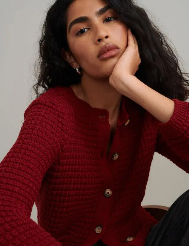 Burgundy Textured Knitted Cardigan