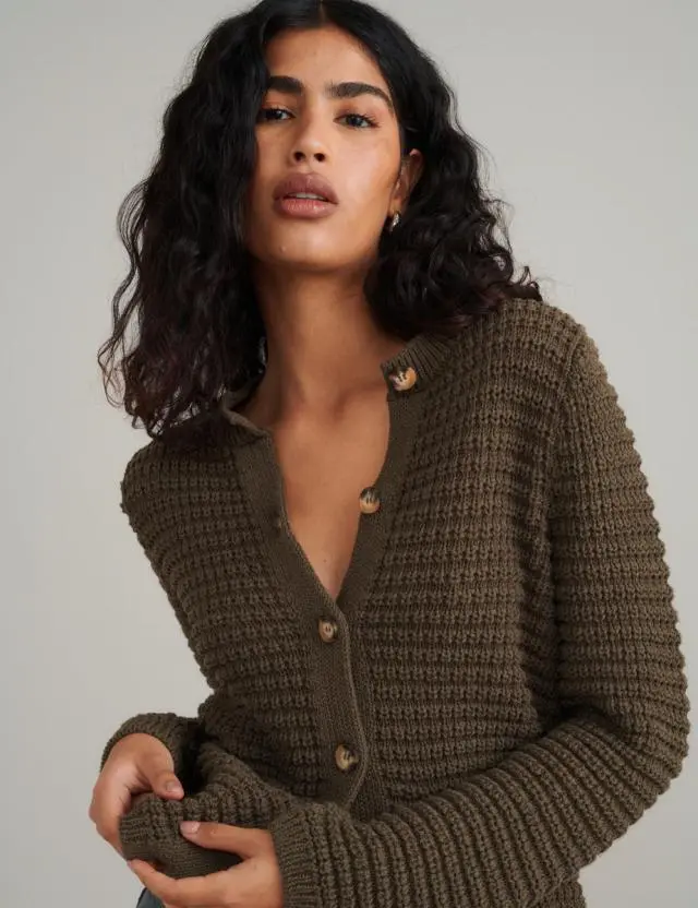 Khaki Textured Knitted Cardigan