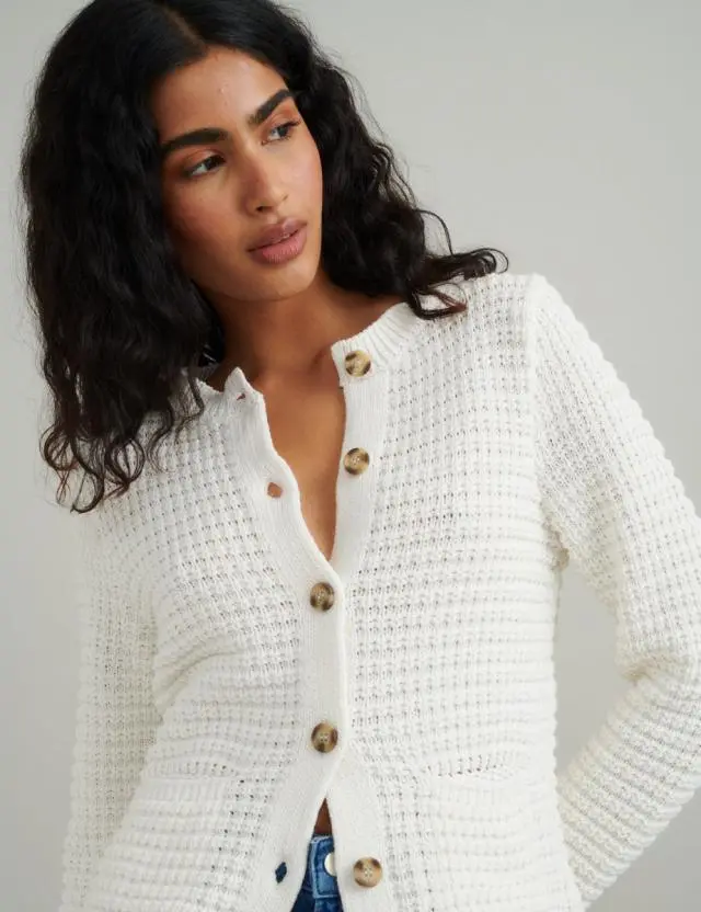 White Textured Knitted Cardigan