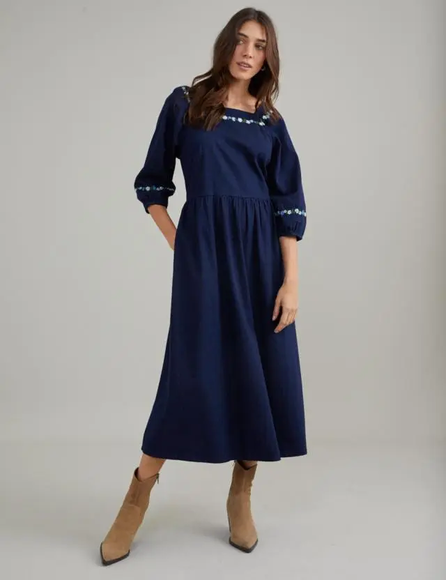 Dark Blue Denim Embroidered Garland Midi Dress