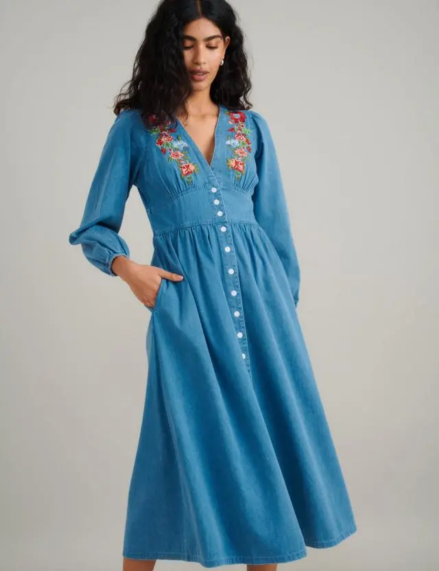 Light Blue Denim Embroidered Starlight Midi Dress