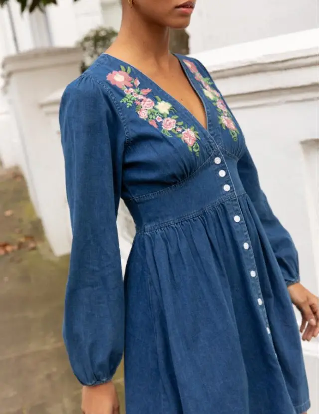 Blue Denim Embroidered Starlight Mini Dress