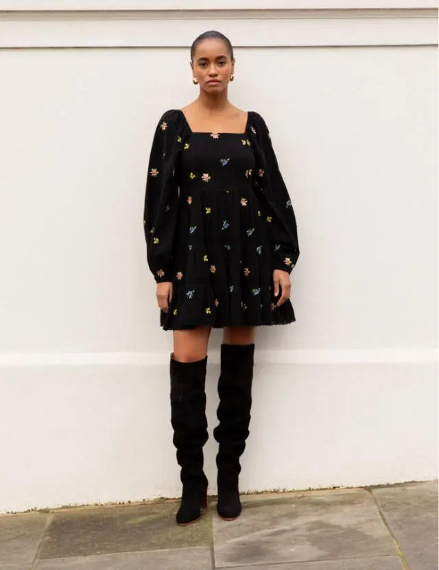 Black Floral Embroidered Whitley Mini Dress