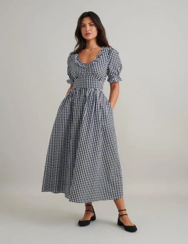 Black Gingham Flossie Midi Dress