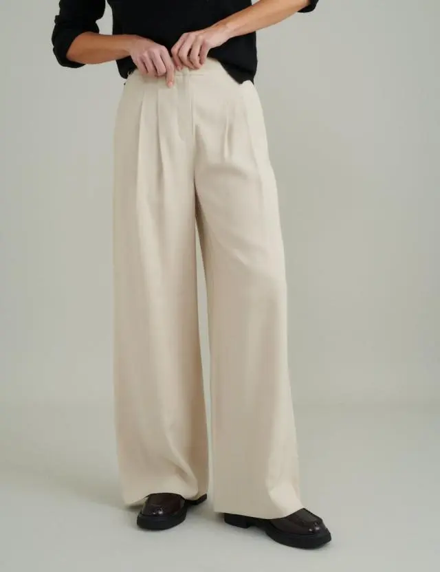 Cream Double Pleat Tailored Trousers