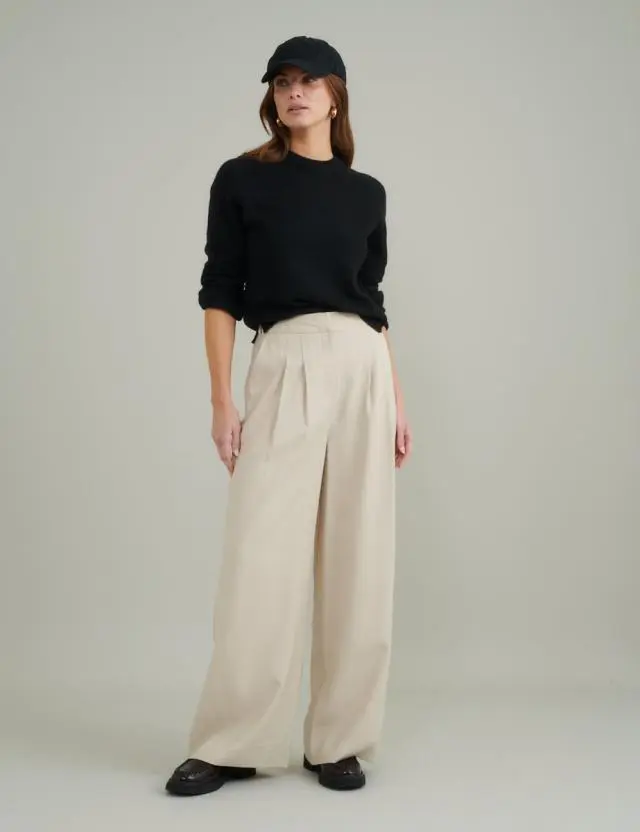 Cream Wide Leg Tailored Trousers