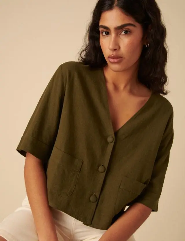 Green Linen-blend V-Neck Shirt