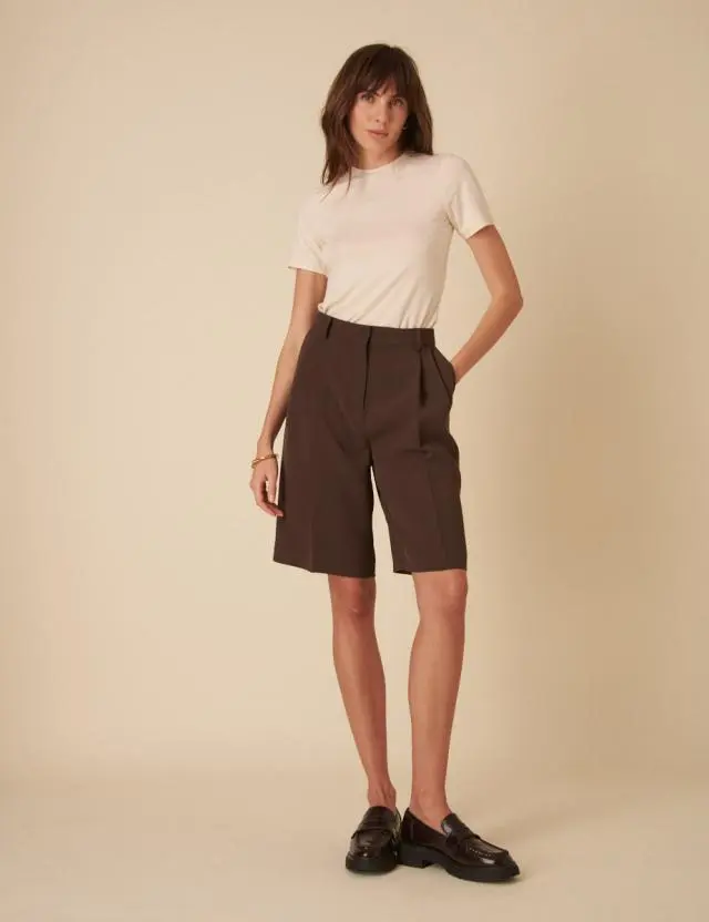 Chocolate Brown Double Pleated Bermuda Shorts