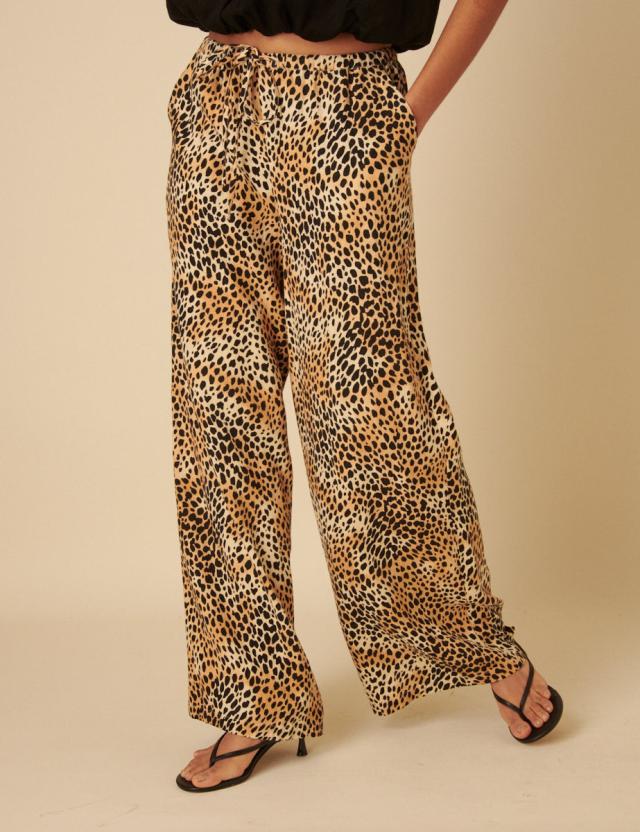 Leopard Print Drawstring Linen-blend Trousers