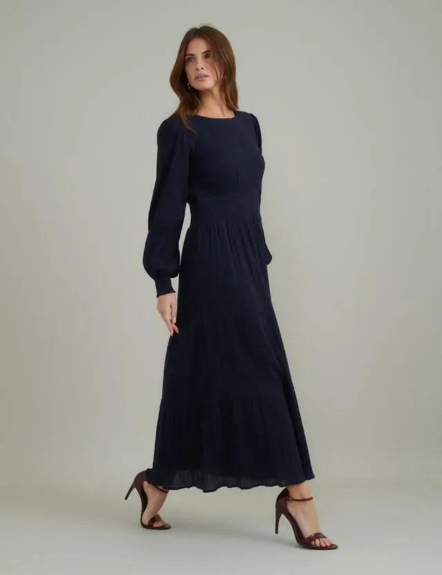 Navy Ruched Long Sleeve Nel Midi Dress