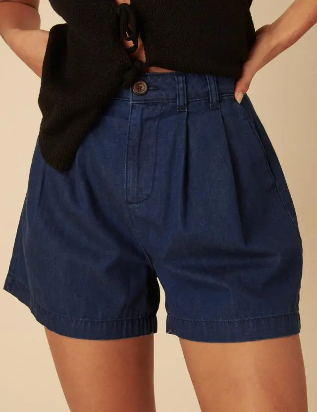 Dark Wash Double Pleat Ava Shorts