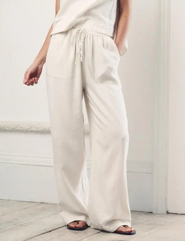 Cream Linen-blend Drawstring Wide Leg Trousers