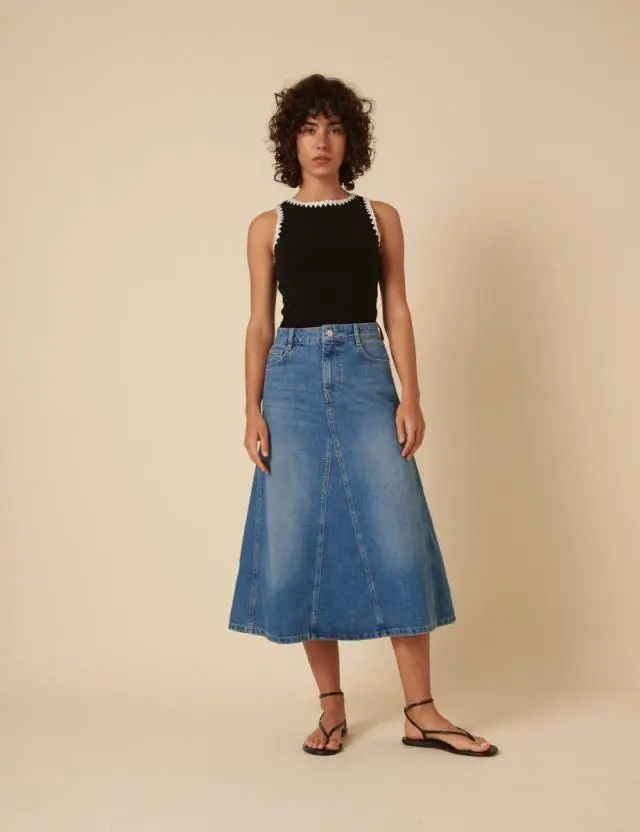 Mid Wash Denim A-line Midi Skirt