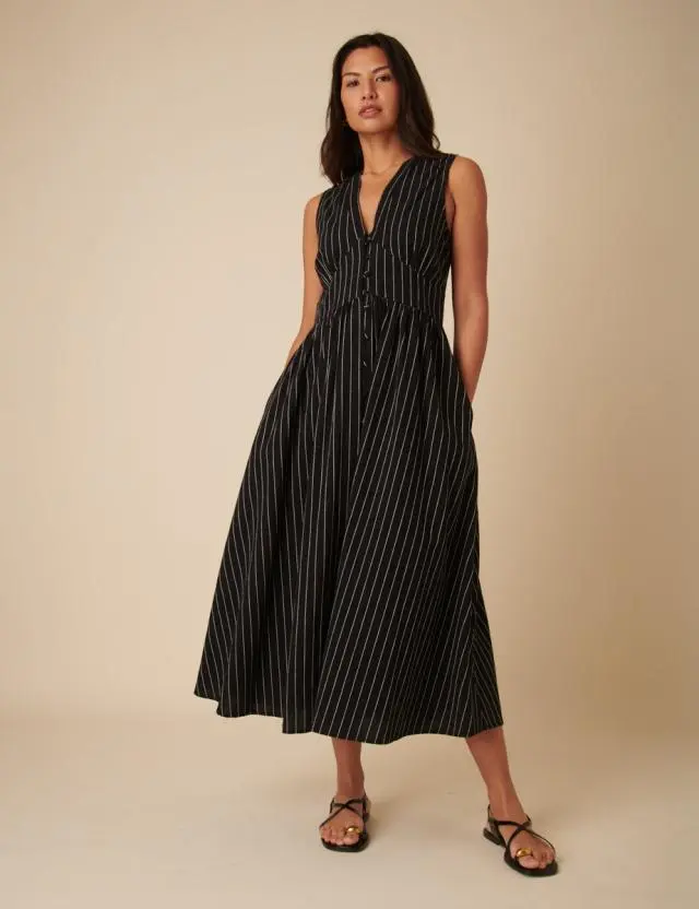 Black Pinstripe Sleeveless Starlight Midi Dress