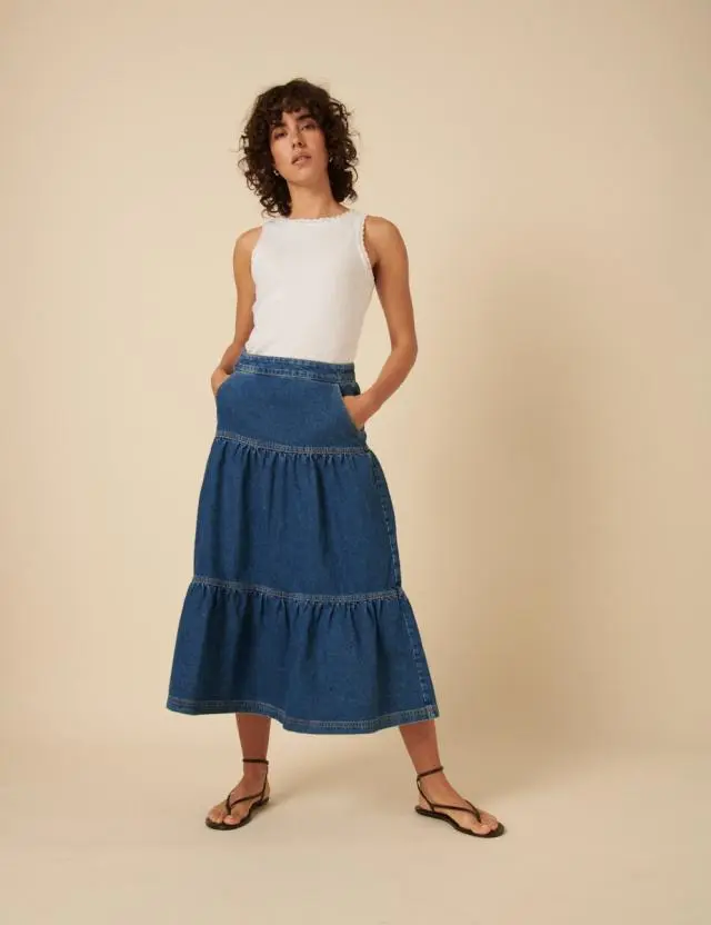 Dark Blue Denim Tiered Midi Skirt