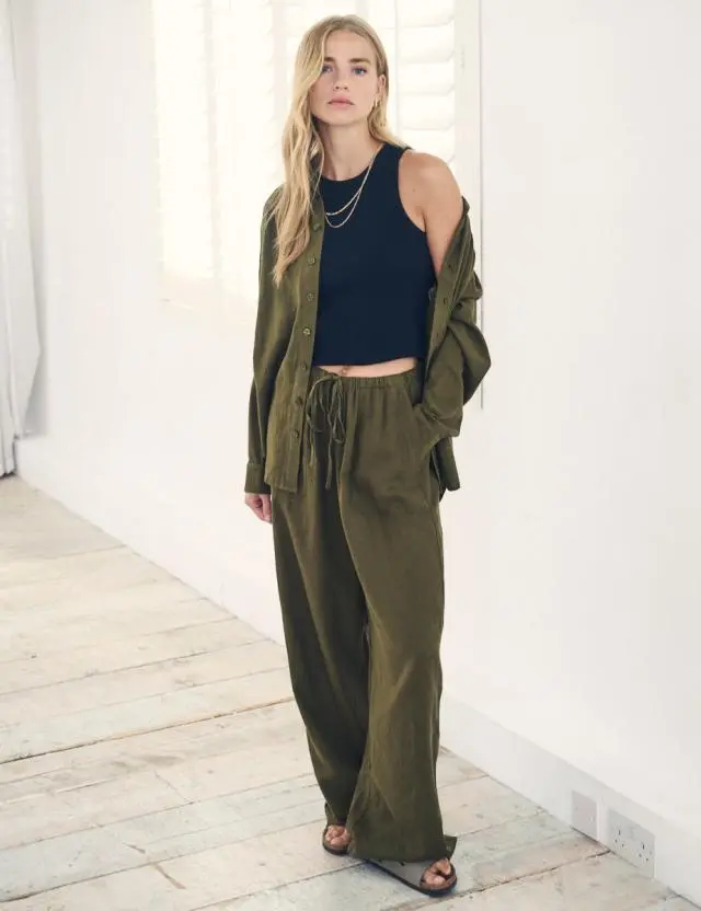 Green Linen-blend Drawstring Wide Leg Trousers