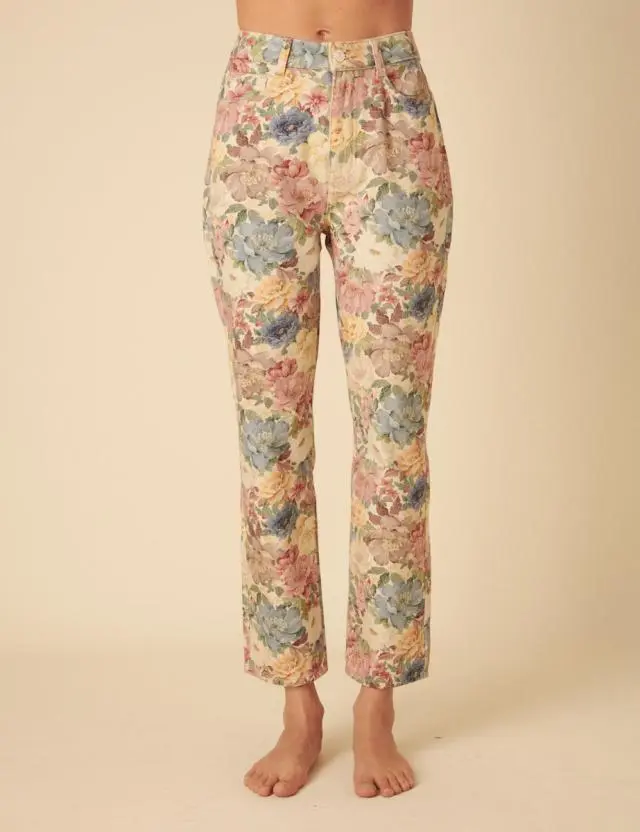 Floral Denim Straight Full Length Jeans