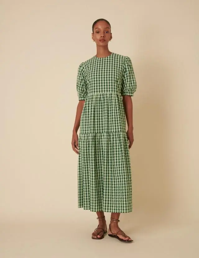 Green Gingham Tiered Rochelle Midi Dress