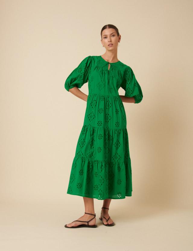 Green Broderie Anglaise Tiered Lee Midi Dress