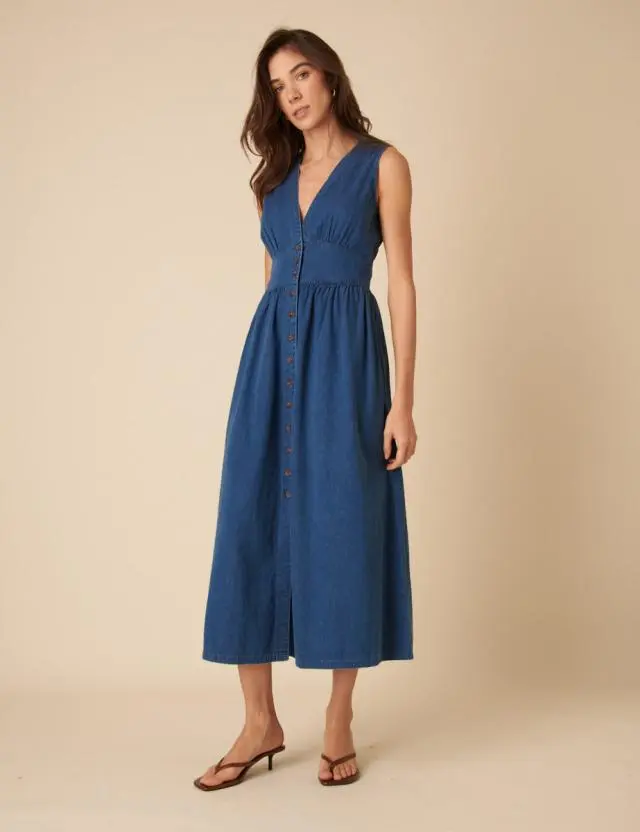 Mid Wash Denim Button Down Sleeveless Starlight Dress