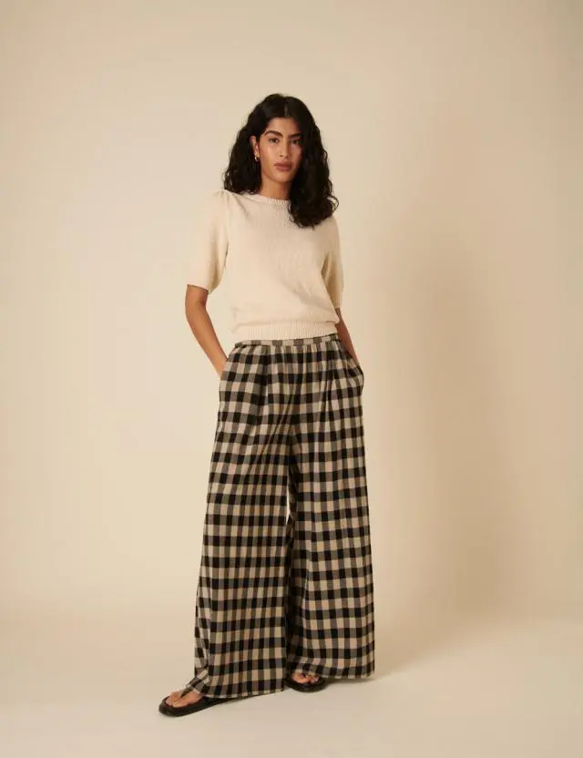 Stone Check Wide Leg Trousers