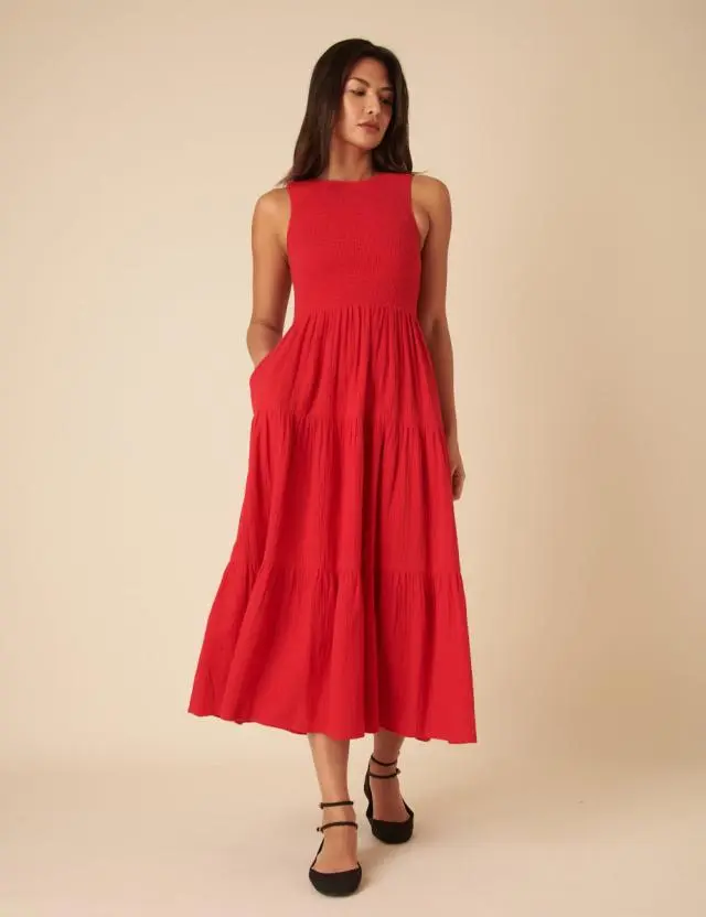 Red Sleeveless Tiered Charlie Midi Dress