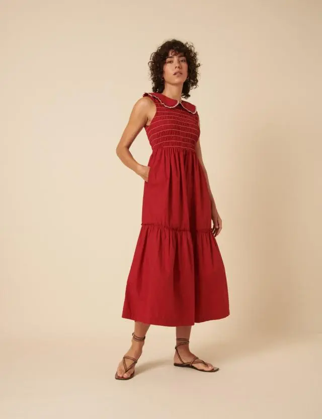 Red Ruched Collar Tiered Teresa Midi Dress