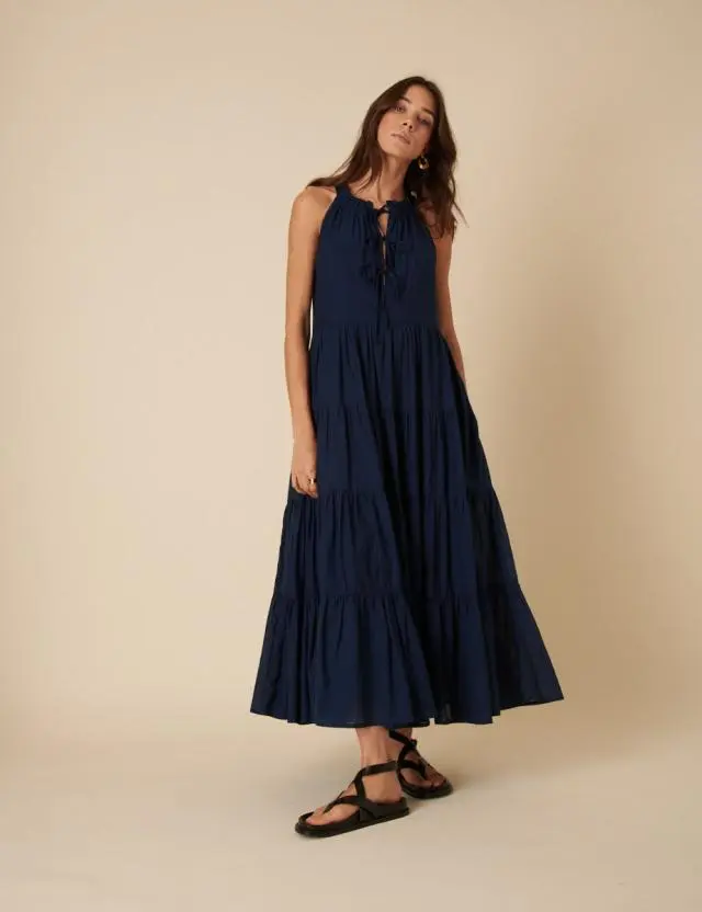 Navy Tie-Front Tiered Eileen Midi Dress