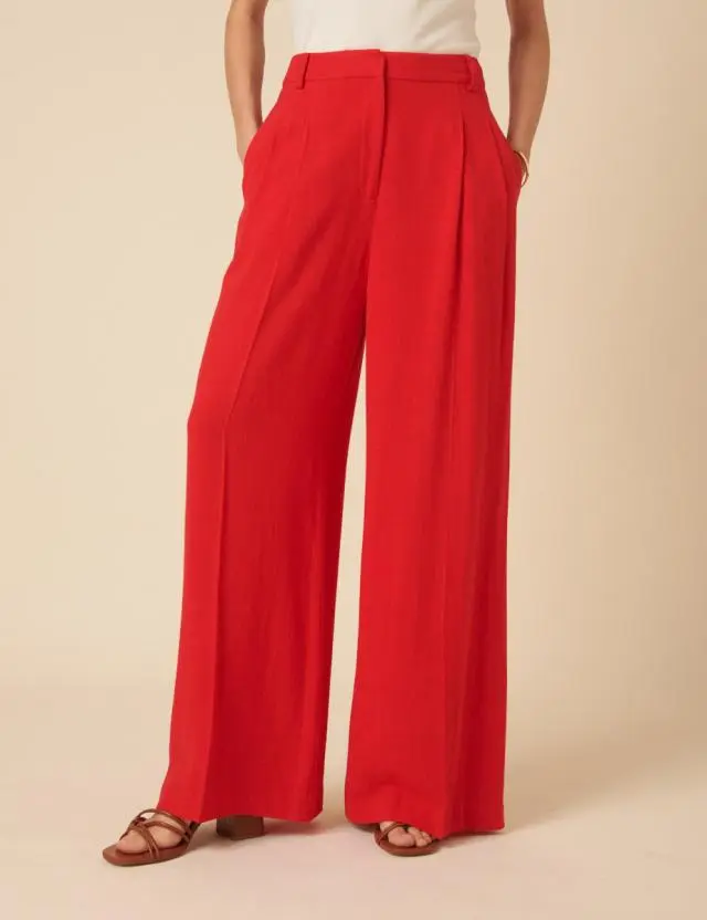 Red Linen-blend Wide Leg Palazzo Trousers