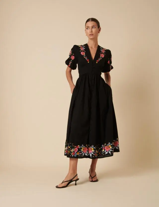 Black Floral Embroidered Starlight Midi Dress