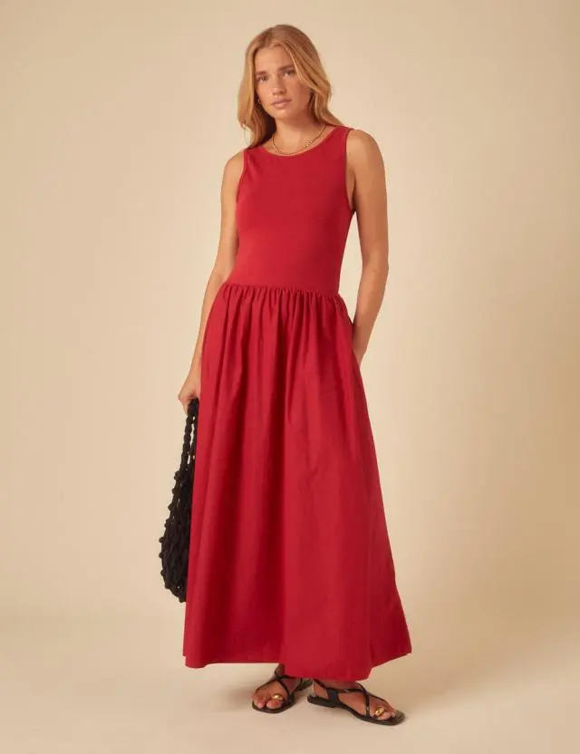 Red Drop Waist Vera Midi Dress