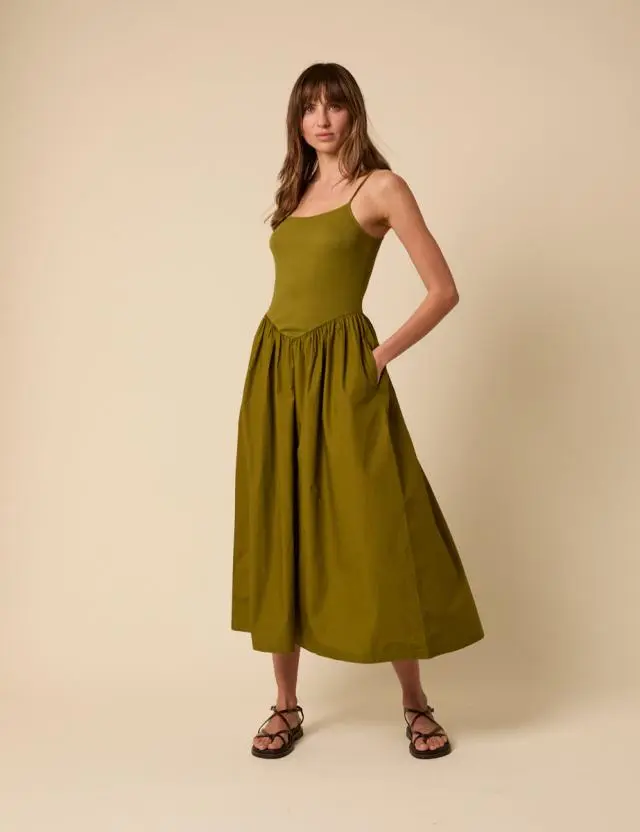 Green Drop Waist Strappy Midi Dress