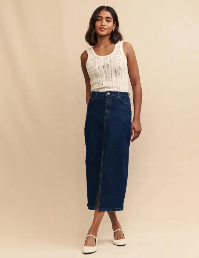 Blue Dark Denim Front Slit Midi Skirt