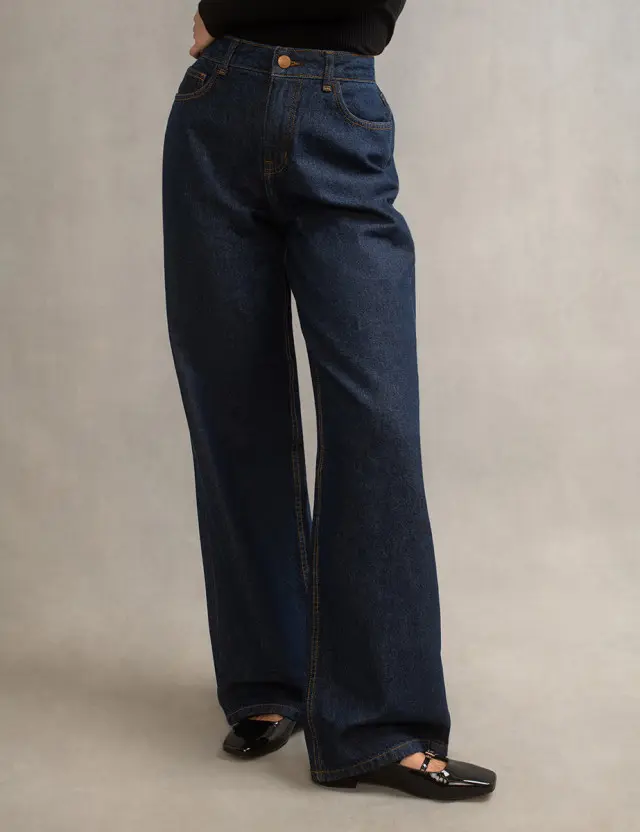 Blue Dark Wash Wide Leg Denim Jeans