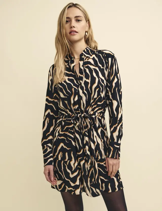 Black Animal Print Tie Waist Mia Mini Shirt Dress