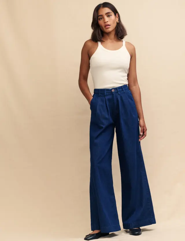 Blue Dark Denim Double Pleat Wide Leg Ava Trousers